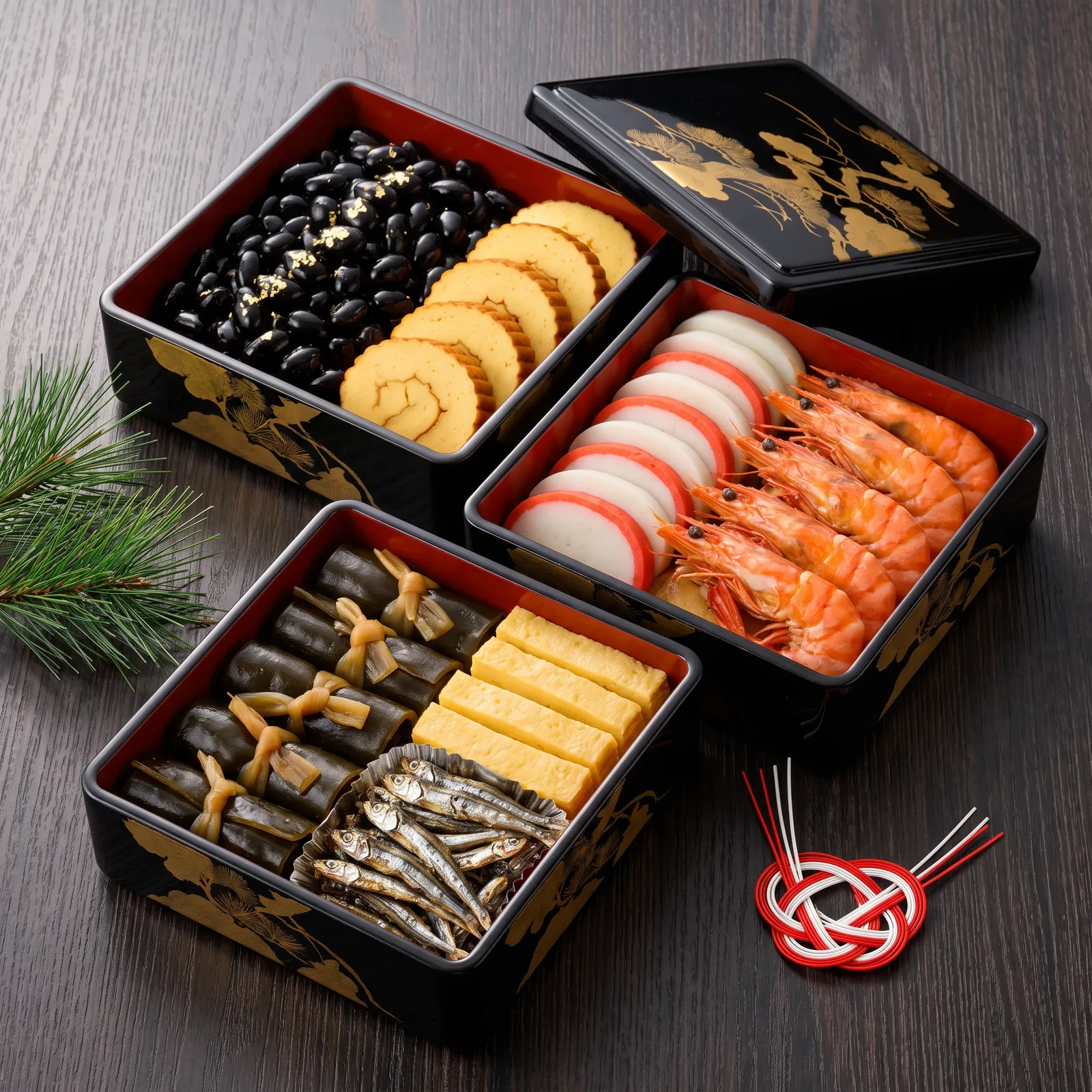 Food photography of a three-tier lacquered osechi box for New Year, glossy black beans, rolled omelette, red-and-white fish cake, prawns and kelp rolls in neat rows, top-down, festive gold accents