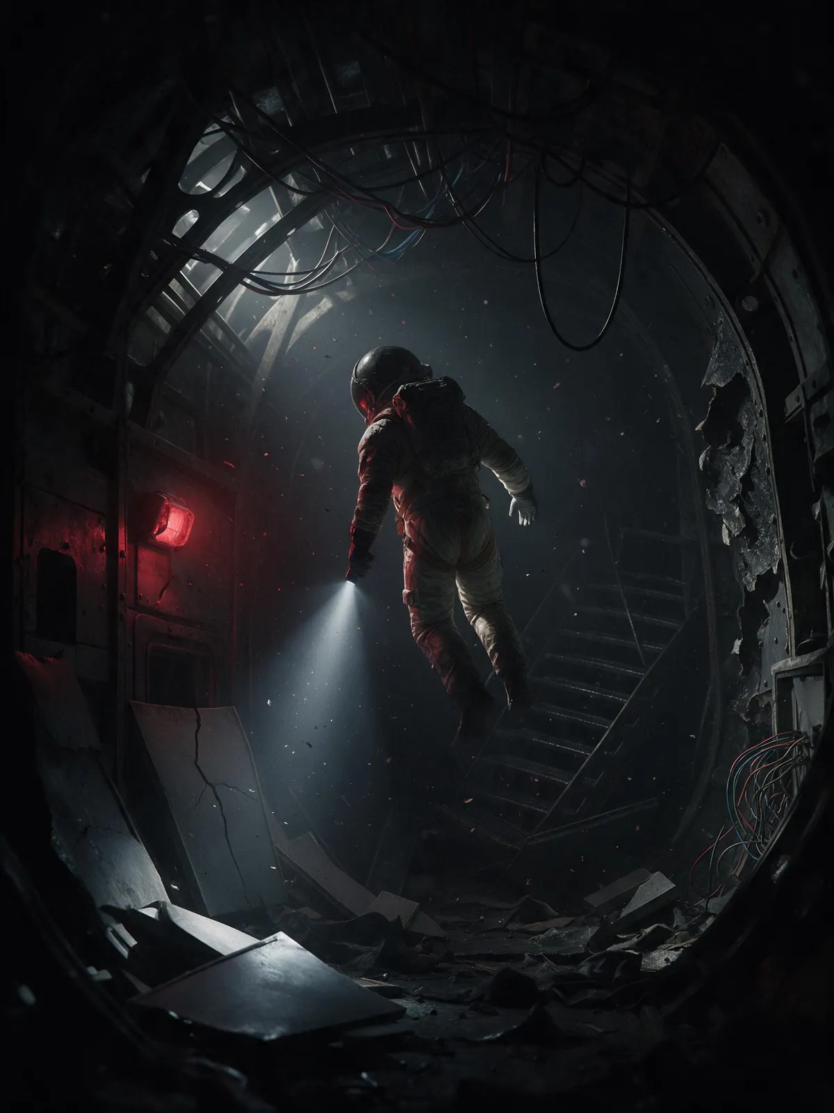 Lone astronaut floating inside a derelict spaceship corridor, flashlight beam cutting through drifting dust, emergency red light, eerie silence, cinematic horror sci-fi
