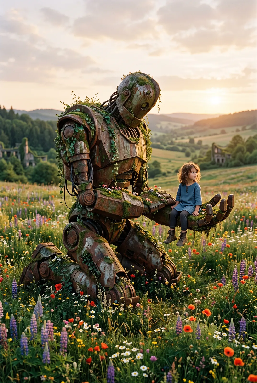 Giant robot kneeling in a flower field, rusted and overgrown, a small girl sitting on its hand, peaceful post-war scene