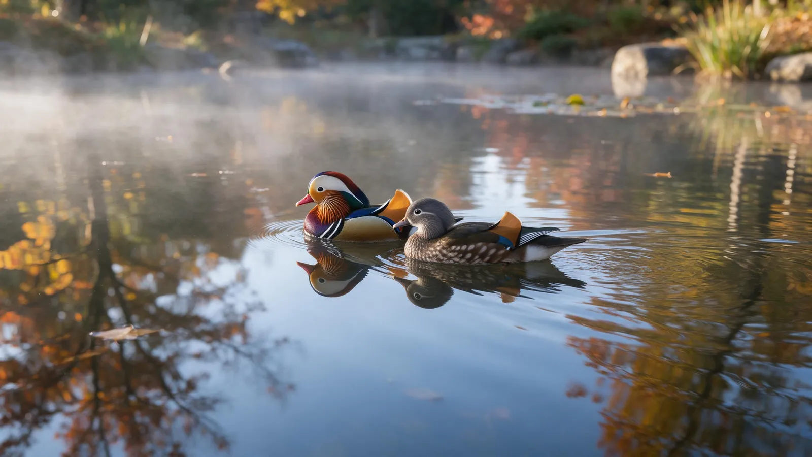 Animals: a family of mandarin ducks gliding on a mirror-calm pond with autumn reflections, vivid plumage, morning mist