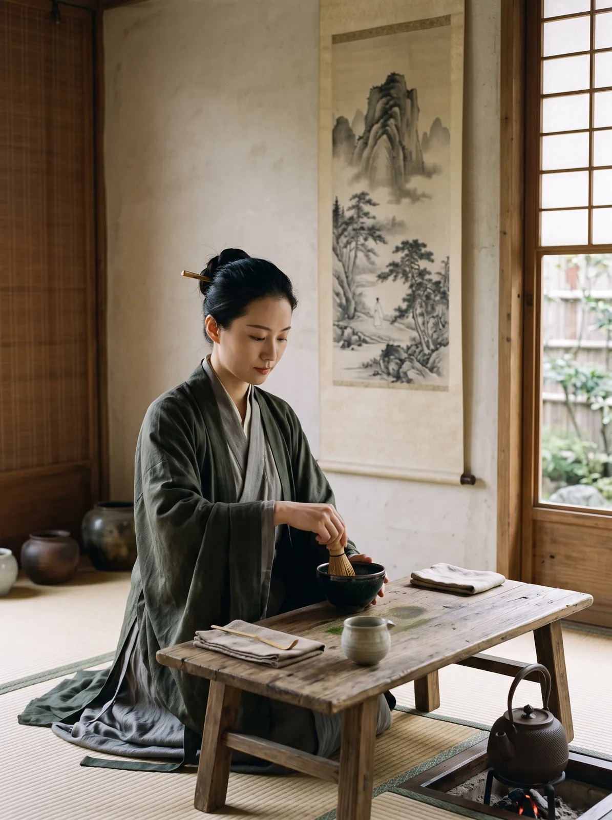 Song dynasty tea ceremony scene: a woman whisking tea in a black jian bowl at a low wooden table, minimal room with a hanging landscape scroll, morning light, restrained muted palette, refined atmosph