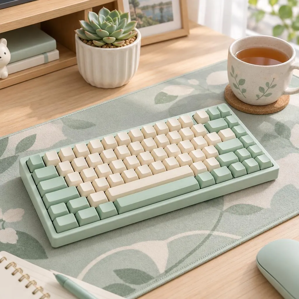 Pastel mechanical keyboard with cream and mint keycaps on a desk mat, small succulent and a cup of tea beside it, cozy desk setup, soft daylight
