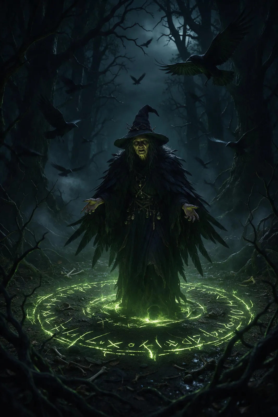 Dark fantasy witch in a black feathered cloak standing in a circle of glowing runes in a forest clearing at night, ravens circling, green spectral light from below, dramatic and ominous