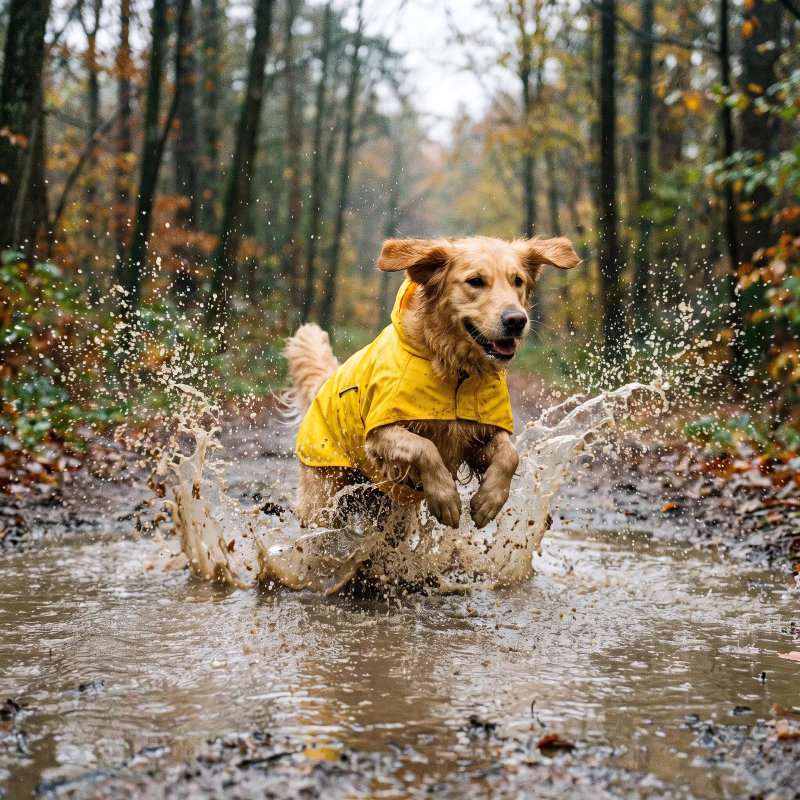 Golden retriever wearing a yellow raincoat jumping into a puddle, splash frozen mid-air, playful energy