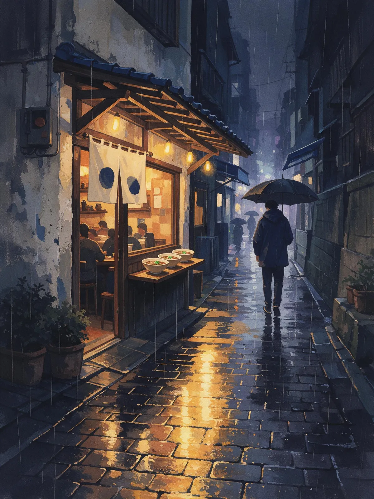 Gouache illustration of a cozy rainy evening in a Tokyo alley, a ramen shop with warm light, a person with an umbrella, textured brushwork