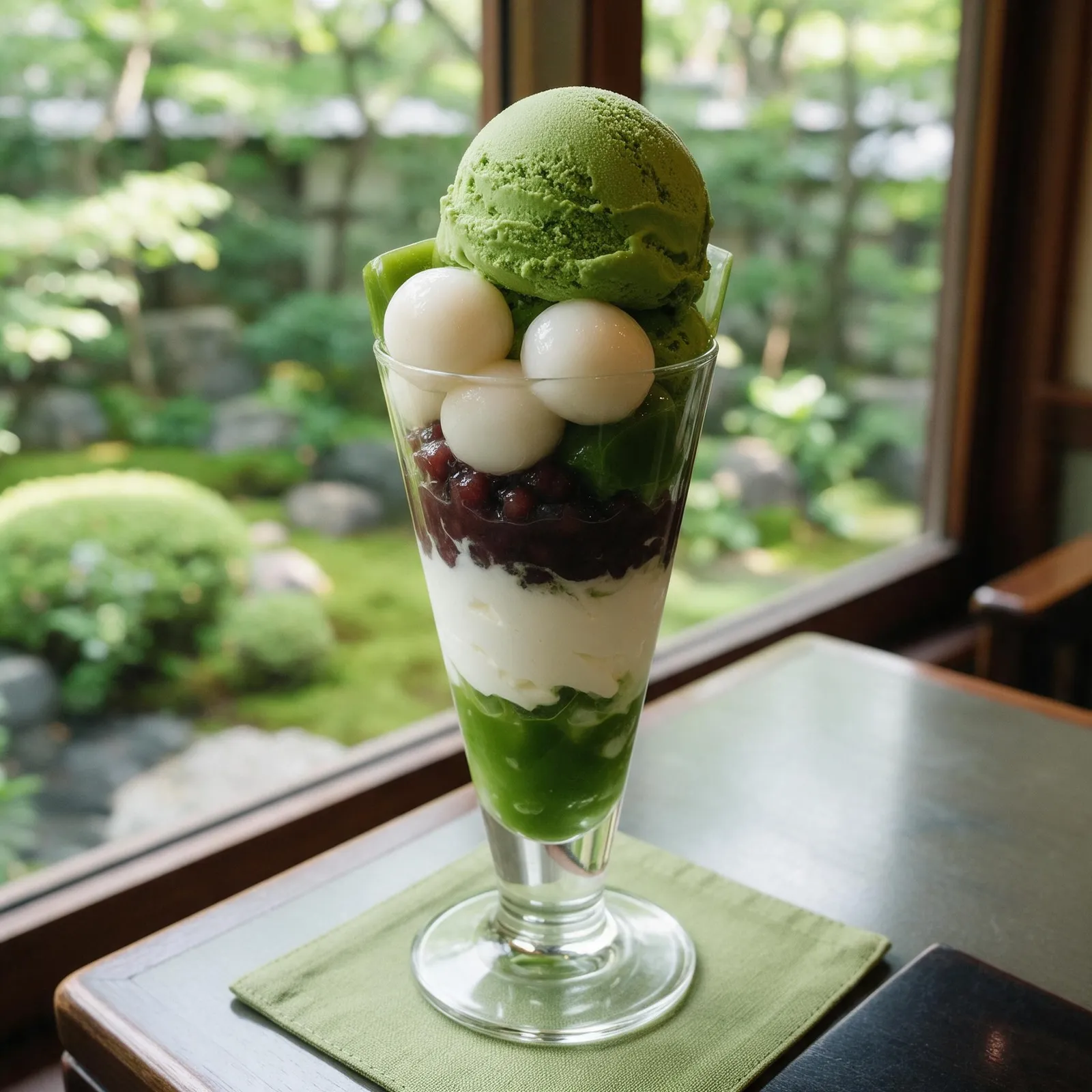Matcha parfait in a tall glass with layers of cream, red bean, mochi and matcha ice cream, on a Kyoto café table by a garden window, soft green tones