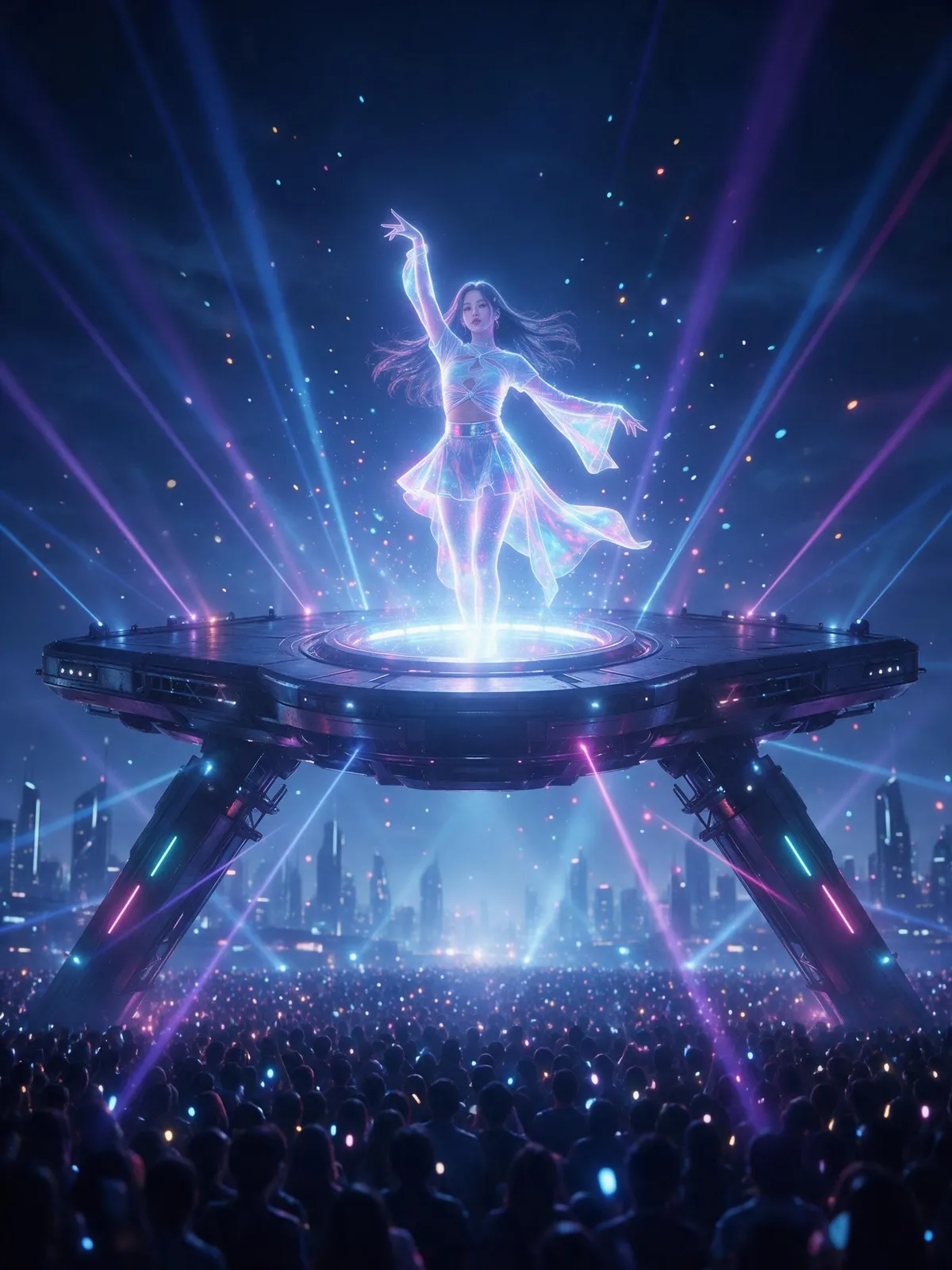Futuristic Korean idol performing as a hologram on a giant floating stage above a crowd at night, light beams, digital particles, spectacular concert