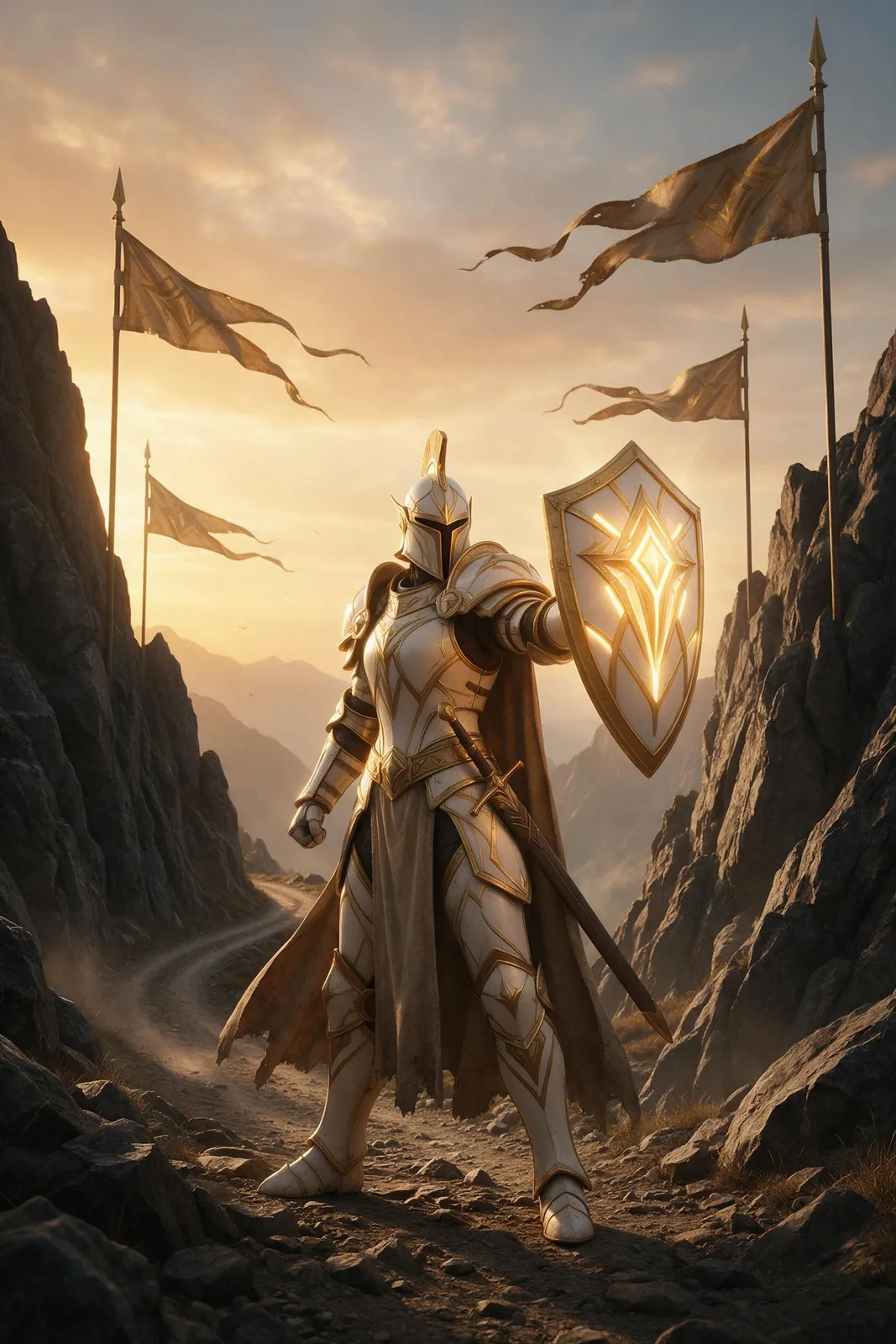Paladin woman in white and gold armor with a glowing shield standing on a mountain pass at dawn, banners behind her, heroic