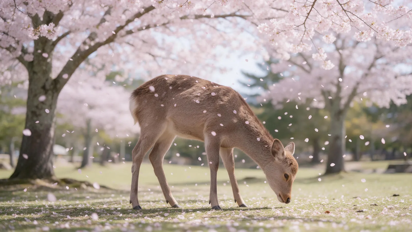 Deer in Nara park bowing under cherry blossom trees with petals falling, soft spring light, peaceful