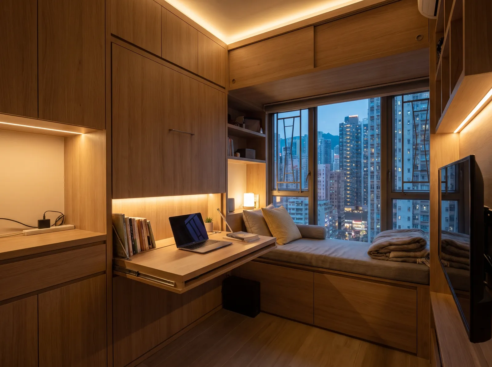 Modern Hong Kong compact apartment with clever built-in storage, a fold-down desk and window seat overlooking city lights, warm evening ambience