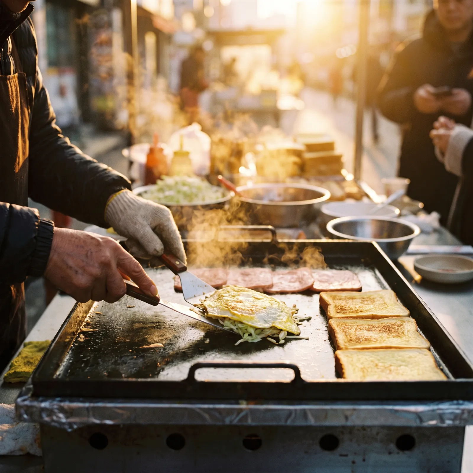 Korean street toast sandwich being made on a griddle with egg, cabbage and ham, vendor's hands, warm early morning street light