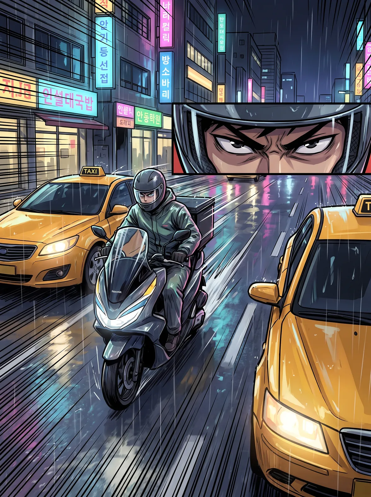 Korean webtoon action panel of a delivery rider weaving a scooter between taxis on a rainy Seoul night road, neon reflections, speed lines, determined eyes, bold cel shading