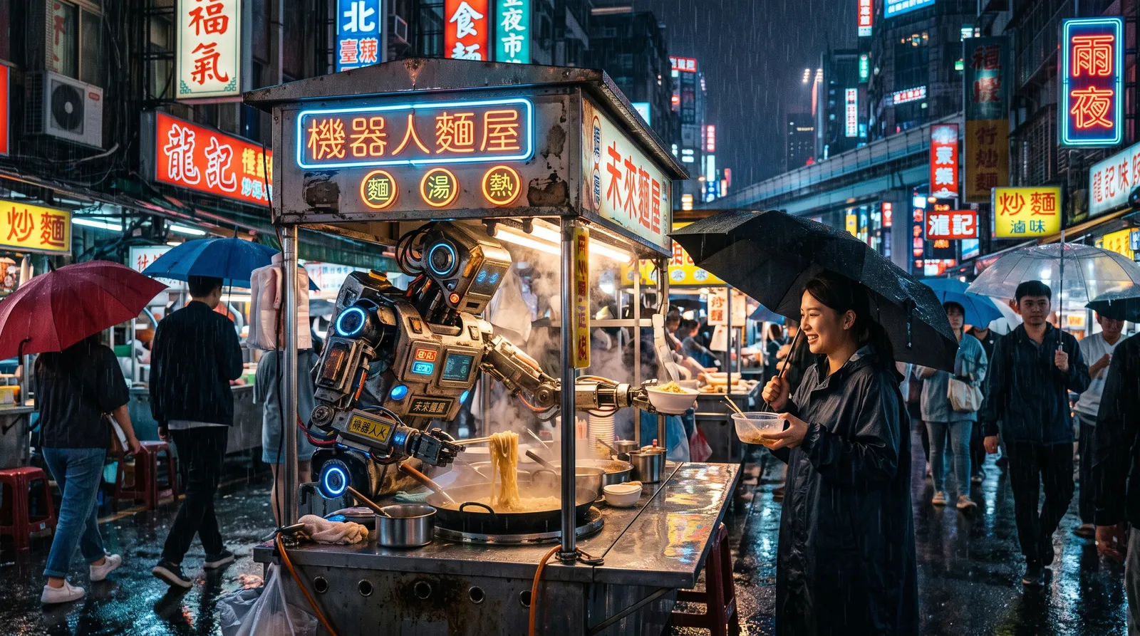 Robot street-food vendor serving noodles to customers in a rainy future Taipei night market, steam, neon reflections, cozy cyberpunk atmosphere