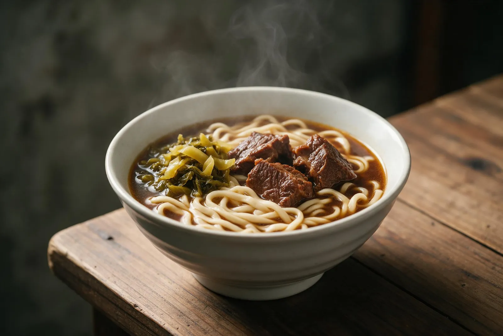 Taiwanese beef noodle soup with thick noodles, tender braised beef and pickled mustard greens, steam rising, rustic wooden table, moody food photography