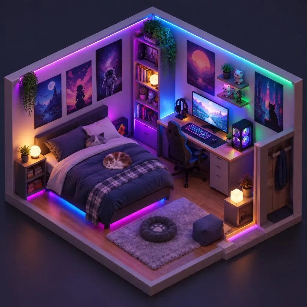Isometric 3D room of a gamer's bedroom with RGB lights, a tiny desk, posters without text, a cat on the bed, cozy miniature diorama