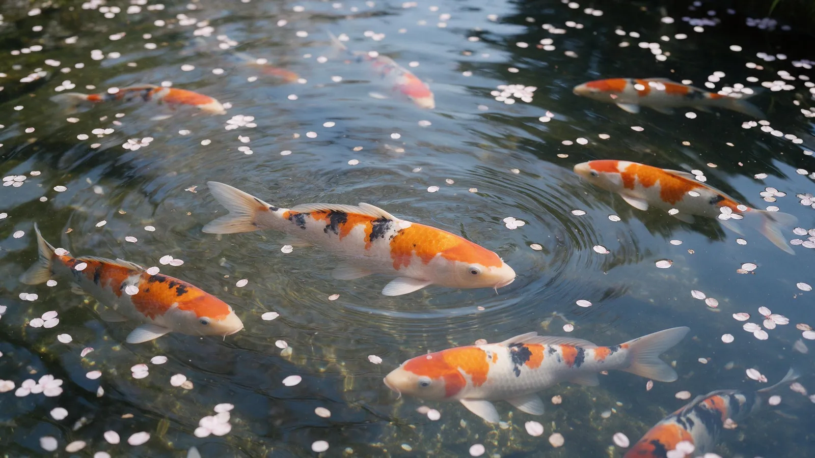 Koi fish swimming in a clear garden pond seen from above, orange, white and black patterns, fallen cherry petals on the surface, ripples, serene