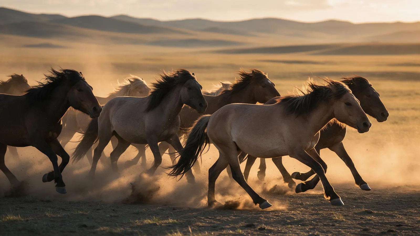 Animals: a herd of wild horses running across the Mongolian steppe at dusk, dust and golden backlight, powerful motion