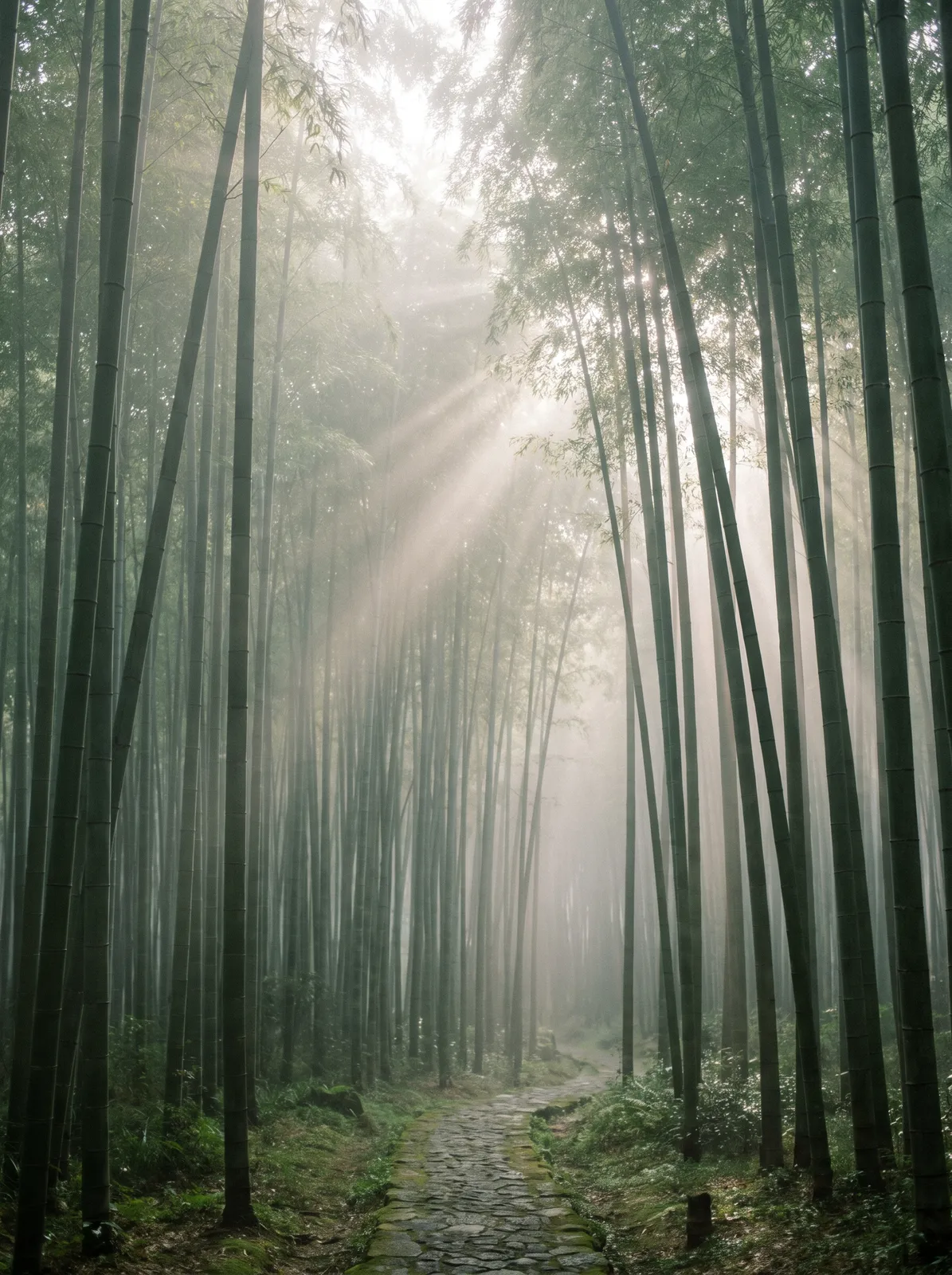 Bamboo forest in Arashiyama in early morning, tall green stalks reaching into fog, a narrow stone path, sunbeams slicing through, quiet and meditative, vertical composition