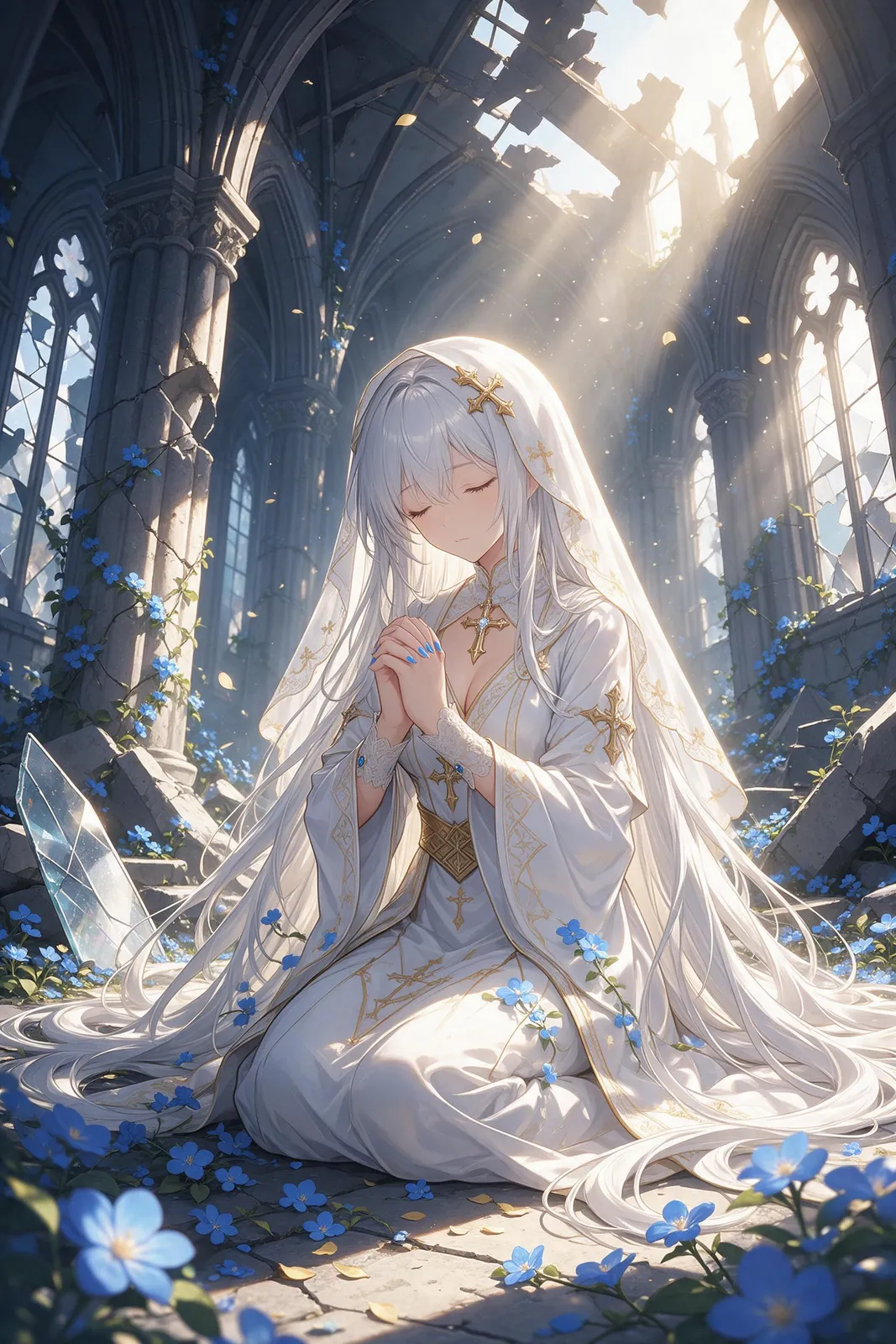 Anime fantasy priestess with long white hair and golden eyes praying in a ruined cathedral filled with blue flowers, light pouring through broken windows, holy atmosphere