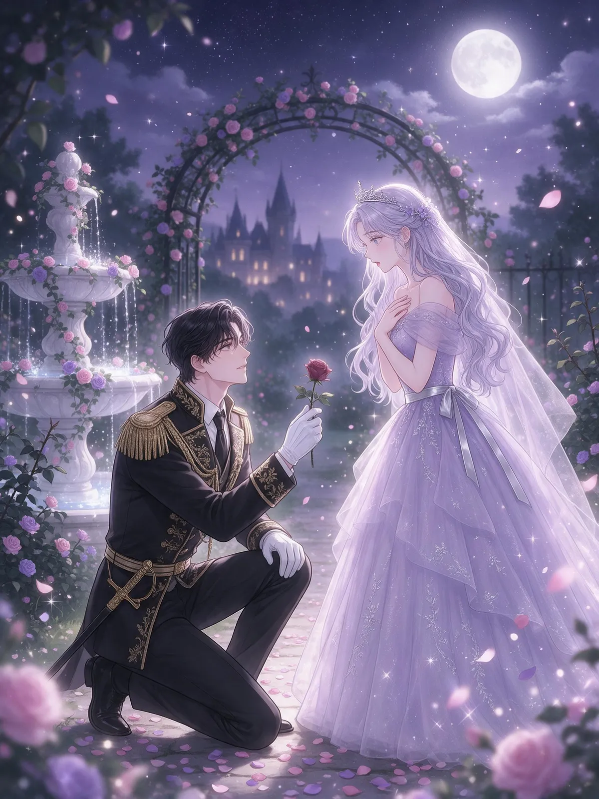 Romance fantasy manhwa: a duke in black military uniform kneeling to offer a rose to a lady in a lilac gown in a moonlit garden, sparkles, soft dreamy palette