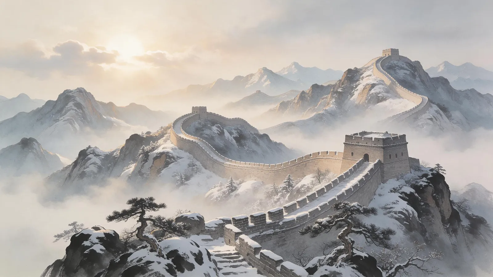 Guofeng landscape of the Great Wall winding over snowy mountains at sunrise, ink-wash style with gold light, epic and serene
