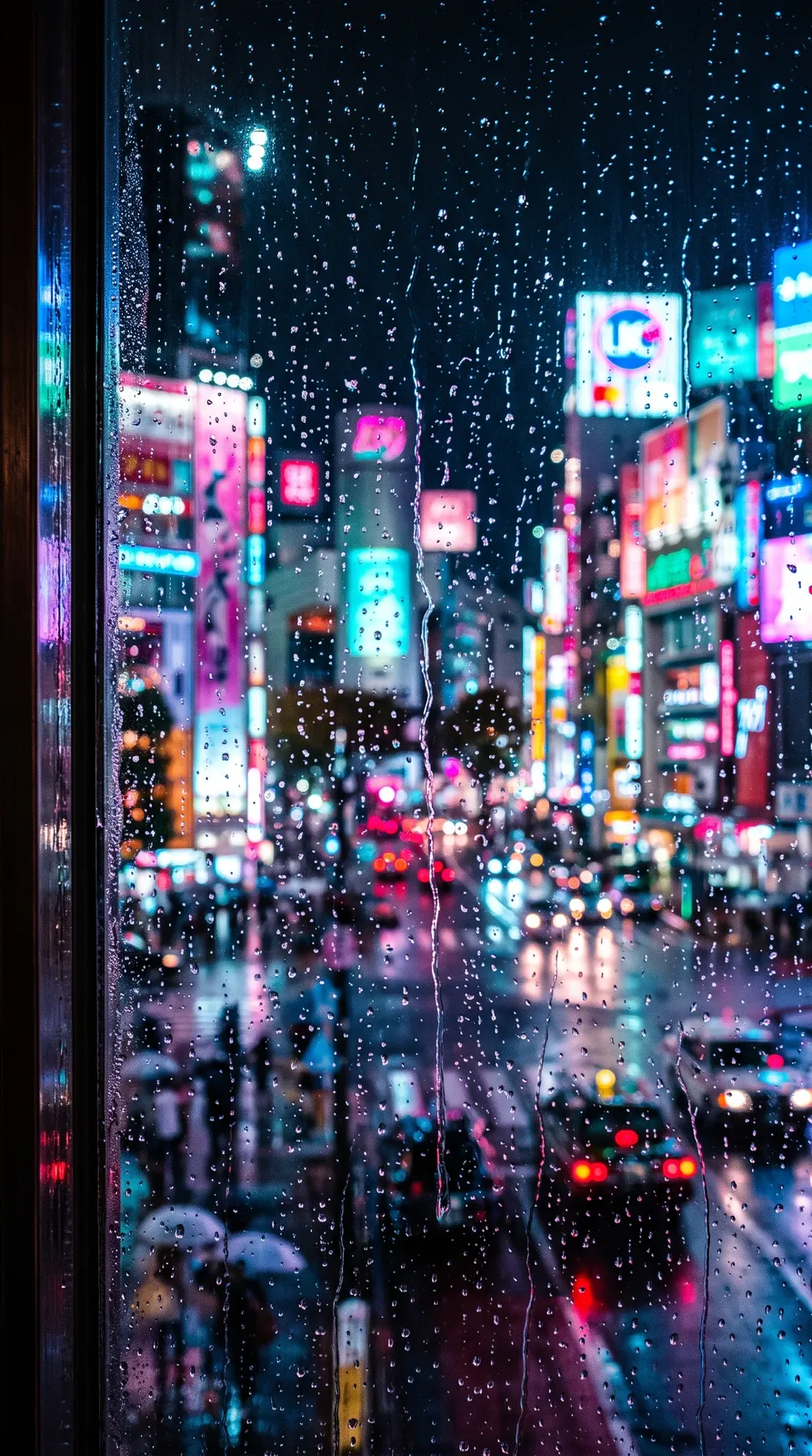 Neon city at night seen through a rain-covered window, blurred bokeh lights in pink and cyan, droplets in sharp focus, phone wallpaper