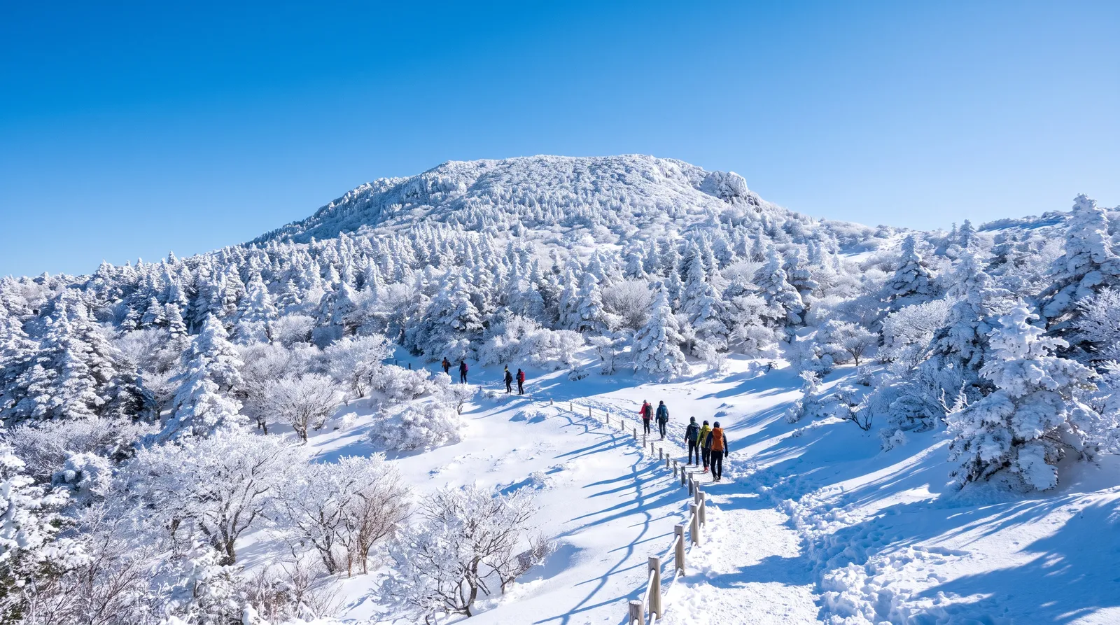 Hallasan mountain on Jeju covered in snow with rime ice on the trees, clear blue sky, hikers small on the trail, crisp winter light