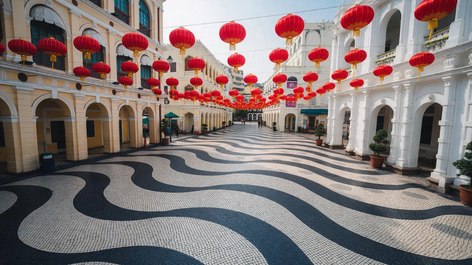 Macau Senado Square with wavy mosaic pavement and pastel colonial buildings during Chinese New Year decorations, red lanterns overhead