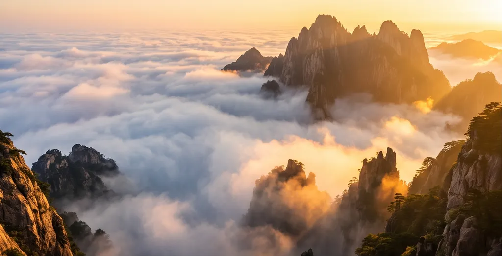 A Huangshan sea of clouds at dawn, epic landscape photography, golden hour