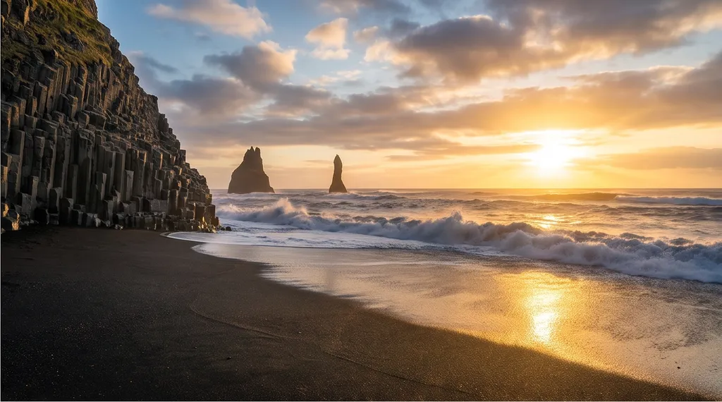 An Iceland black sand beach, epic landscape photography, golden hour