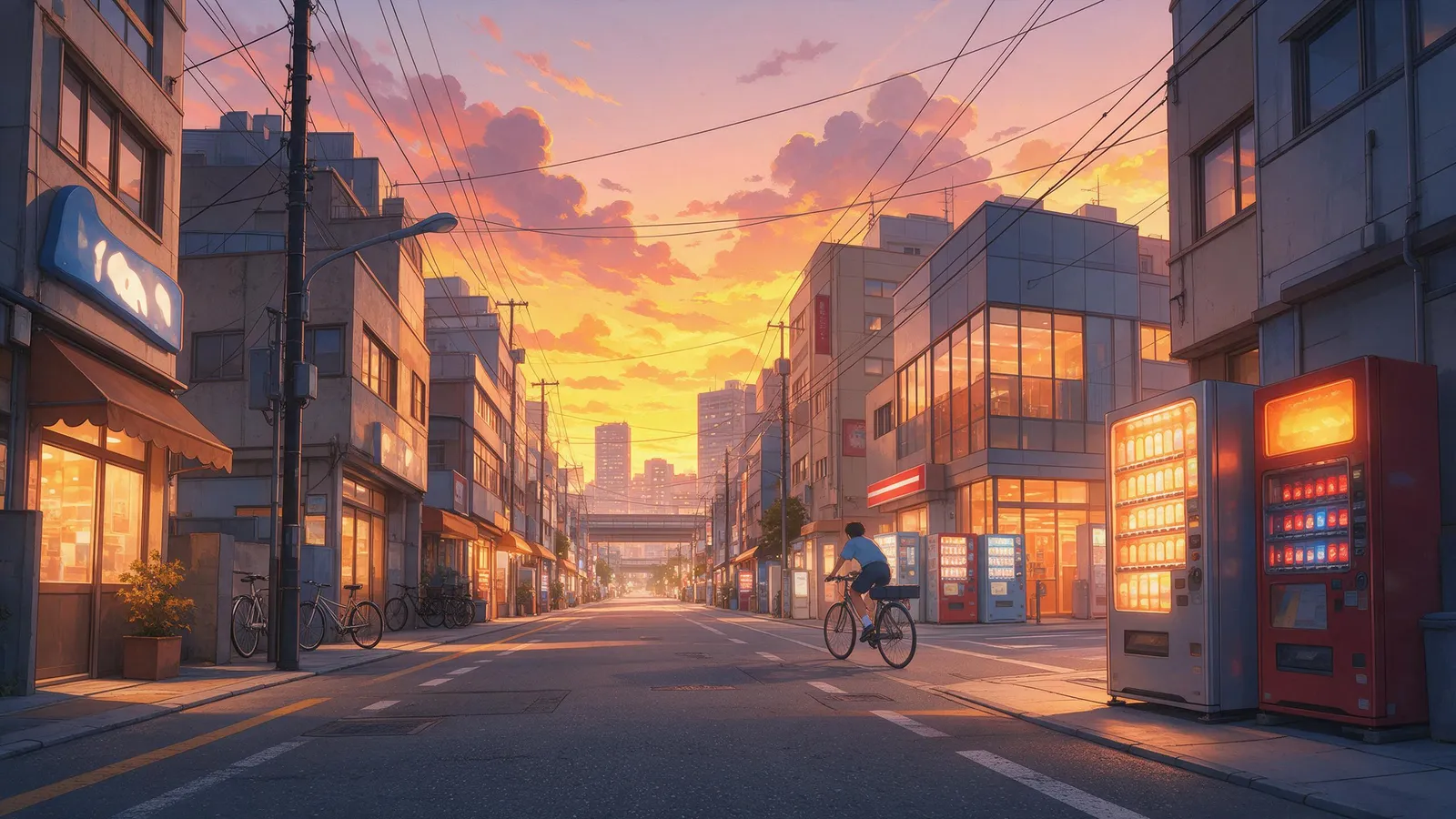 Anime cityscape of a Tokyo shopping street at golden hour from a low angle, overhead power lines, vending machines glowing, a cyclist passing, detailed signage shapes without readable text, nostalgic 
