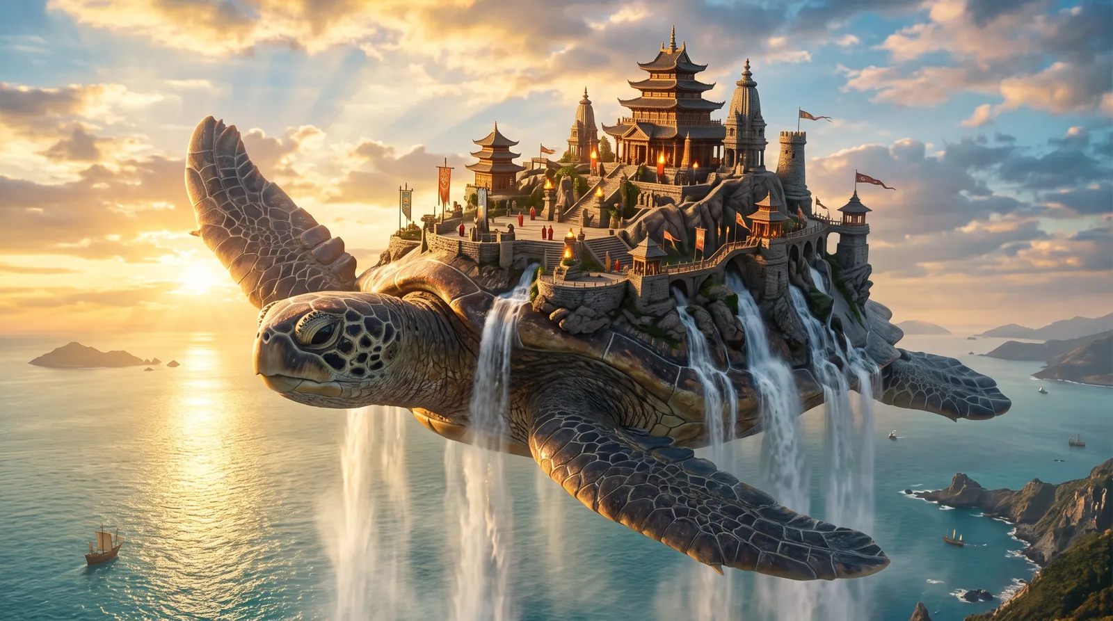 Ancient sky temple built on the back of a giant flying turtle above the ocean, waterfalls pouring off its shell, golden hour, epic fantasy