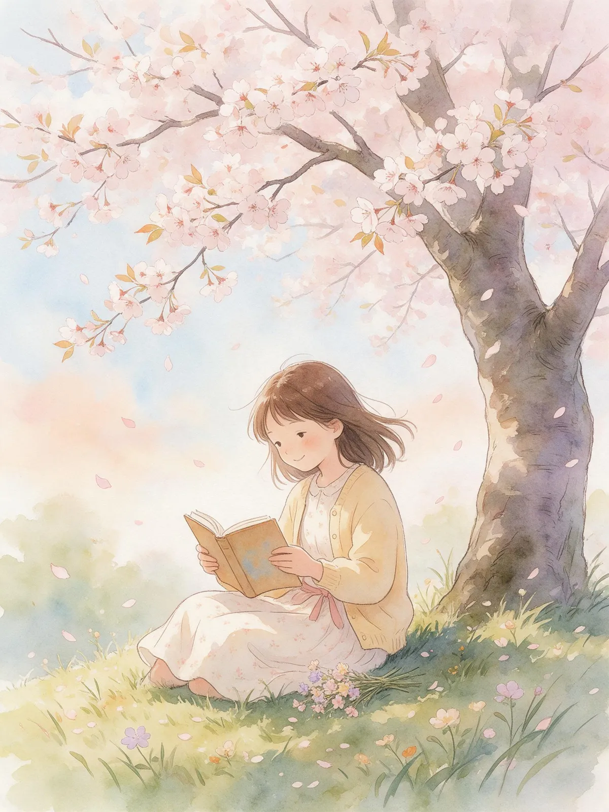 Watercolor illustration of a girl reading under a cherry tree, petals drifting, soft bleeding pastel washes, delicate pencil lines, children's book style