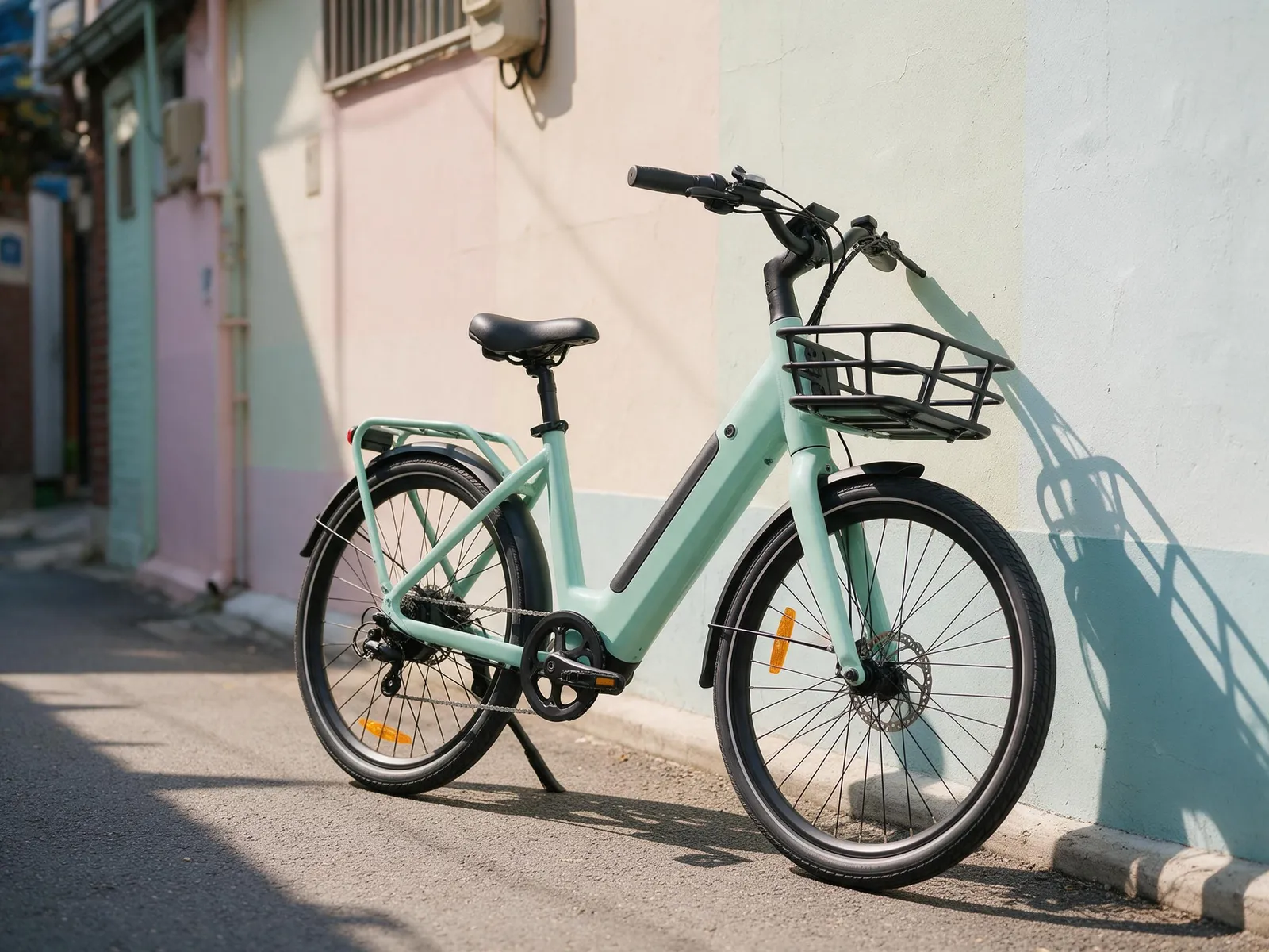 Electric bicycle in mint green parked against a pastel wall in a Seoul alley, sunlight, lifestyle product photography