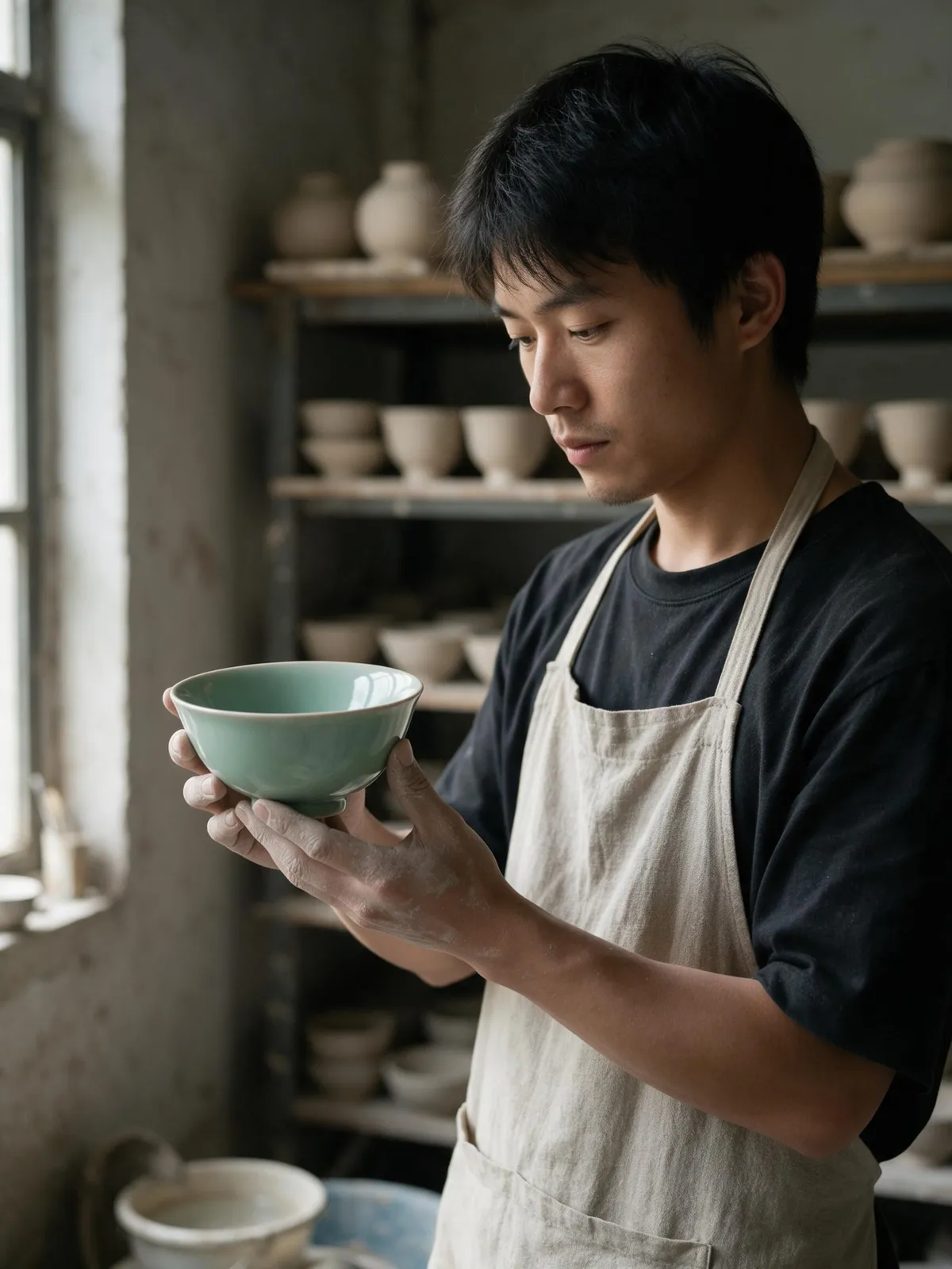 Young Chinese ceramicist with clay-dusted hands holding a freshly thrown celadon bowl in a Jingdezhen workshop, window light from the left, shelves of drying pottery behind, calm focused expression, l