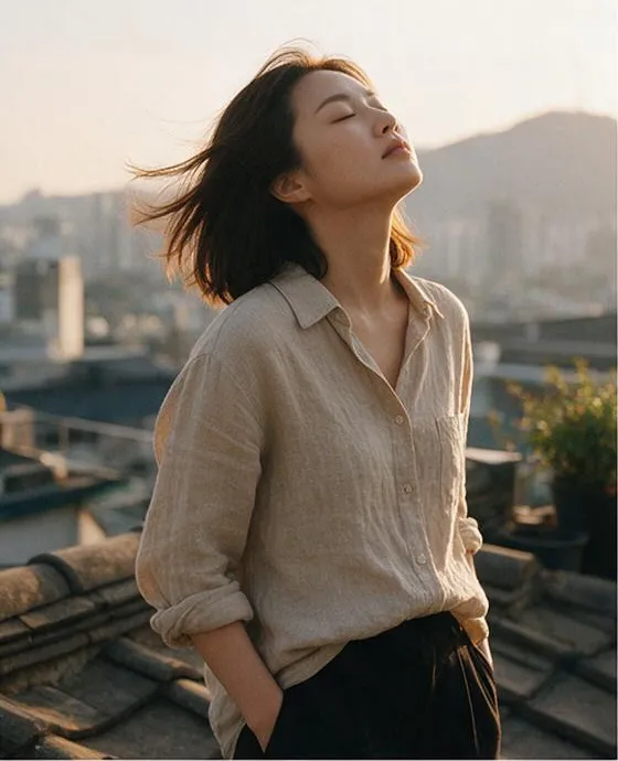 High fashion editorial of a young Korean woman wearing a linen shirt in a Seoul rooftop at golden hour, soft window light, 35mm documentary photo
