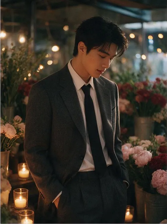 High fashion editorial of a mixed-race Korean model wearing a tailored charcoal suit in a flower market, candlelight, dreamy soft focus portrait