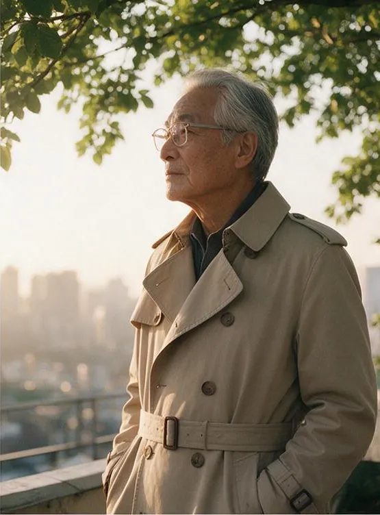 High fashion editorial of a Japanese grandfather wearing a trench coat in a Seoul rooftop at golden hour, dappled sunlight through leaves, analog film photo, Kodak Portra 400