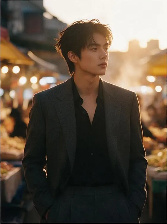 High fashion editorial of a young Korean man wearing a tailored charcoal suit in a Taipei night market, golden hour backlight, cinematic film still