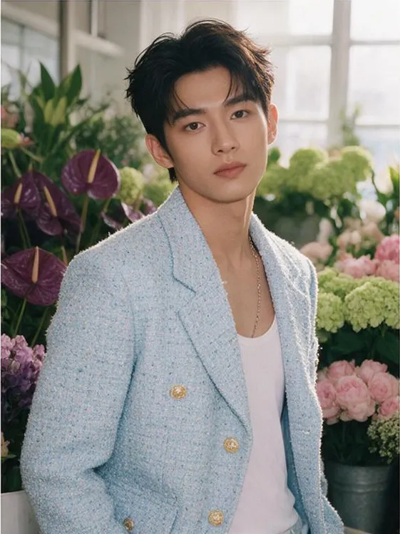 High fashion editorial of a young Chinese man wearing a pastel tweed jacket in a flower market, soft window light, high fashion campaign photo