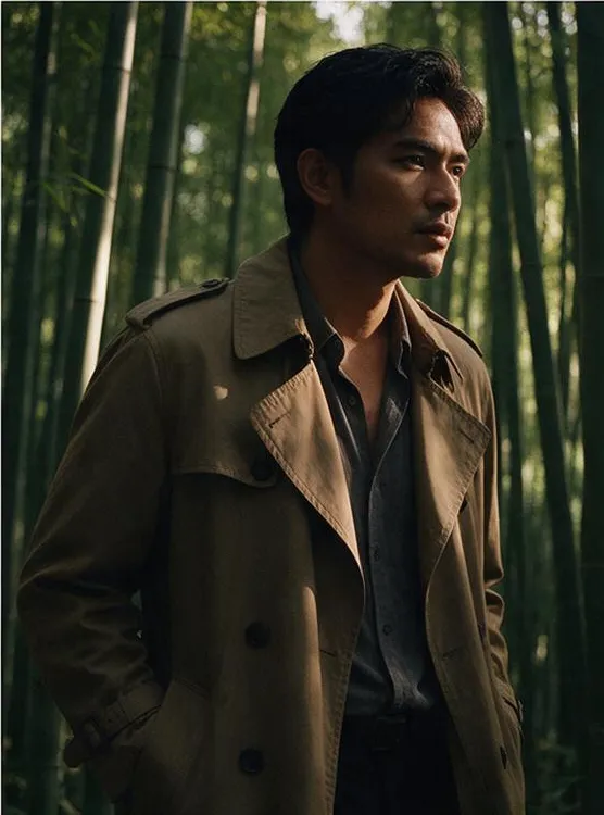 High fashion editorial of an Indonesian man in his thirties wearing a trench coat in a bamboo forest, cinematic side light, cinematic film still
