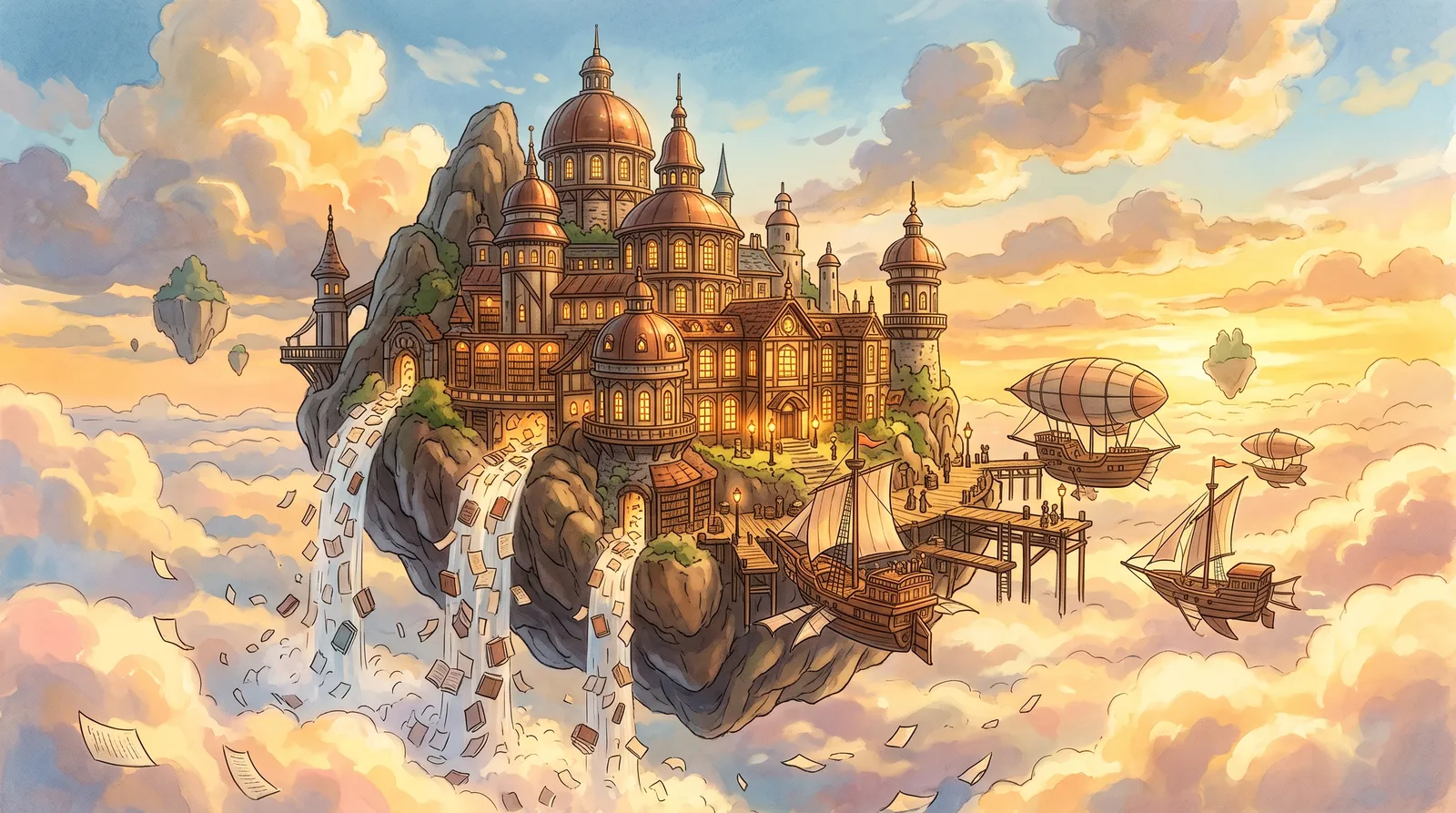 Floating island library in the sky, waterfalls of loose pages spilling into clouds, warm lamplit windows, airships docking, whimsical golden hour light, Studio Ghibli-inspired concept art