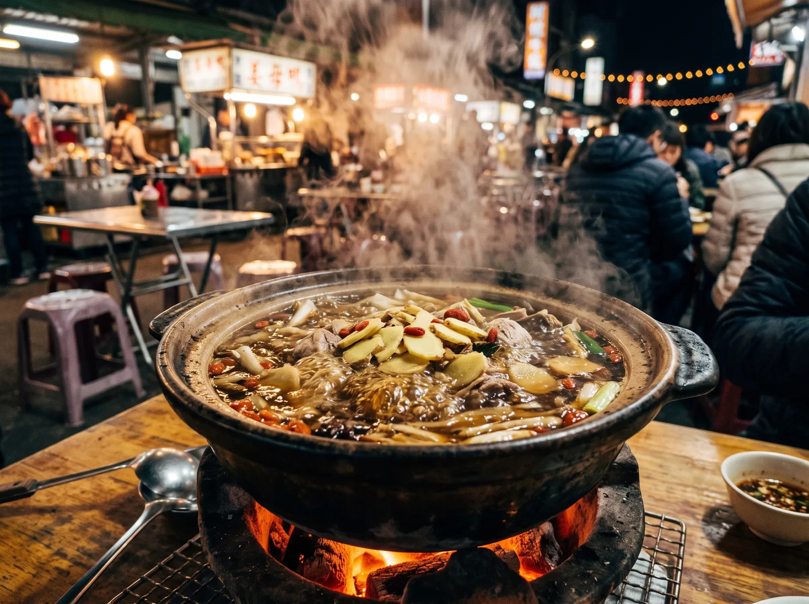 Food photography of Taiwanese ginger duck hot pot bubbling in a clay pot over charcoal at a winter night stall, sesame oil sheen, wolfberries and ginger slices, steam rising into the cold air
