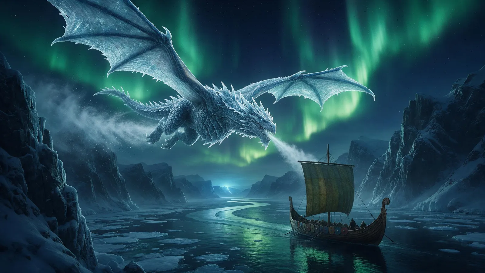 Ice dragon flying over a frozen fjord under green aurora, frost breath trailing, tiny Viking-like longship below, cold majestic palette