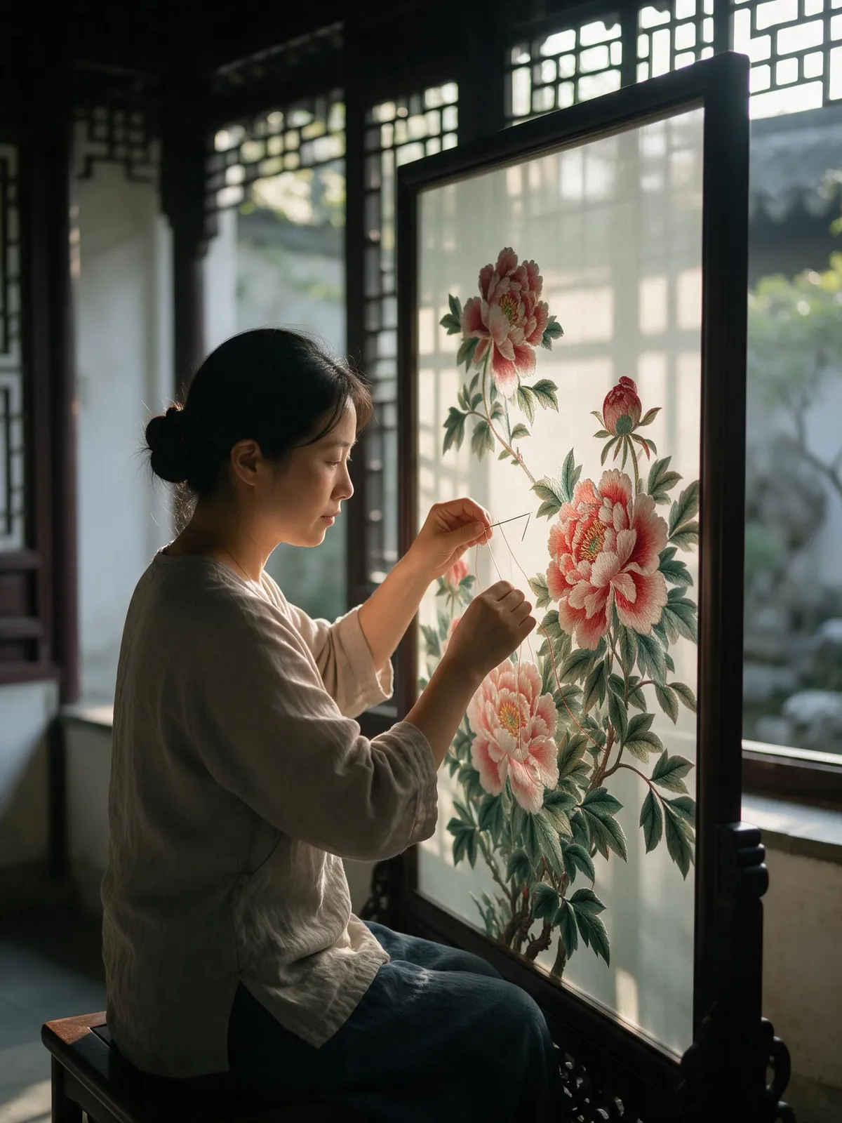 Guofeng scene of a woman embroidering a large silk screen of peonies in a quiet courtyard, morning light through lattice windows, detailed needlework