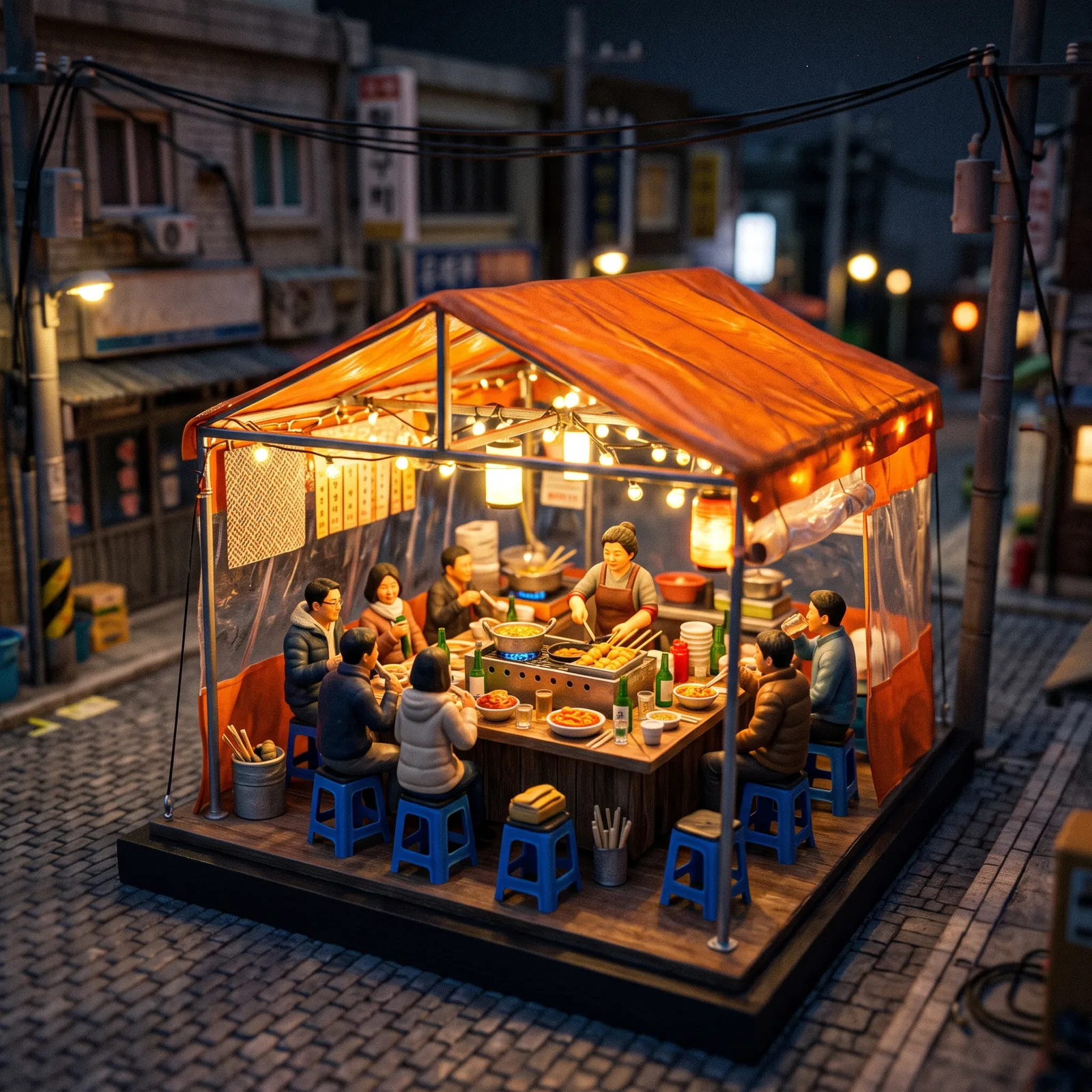 3D miniature diorama of a Korean pojangmacha tent at night with tiny customers, glowing lights, tilt-shift look