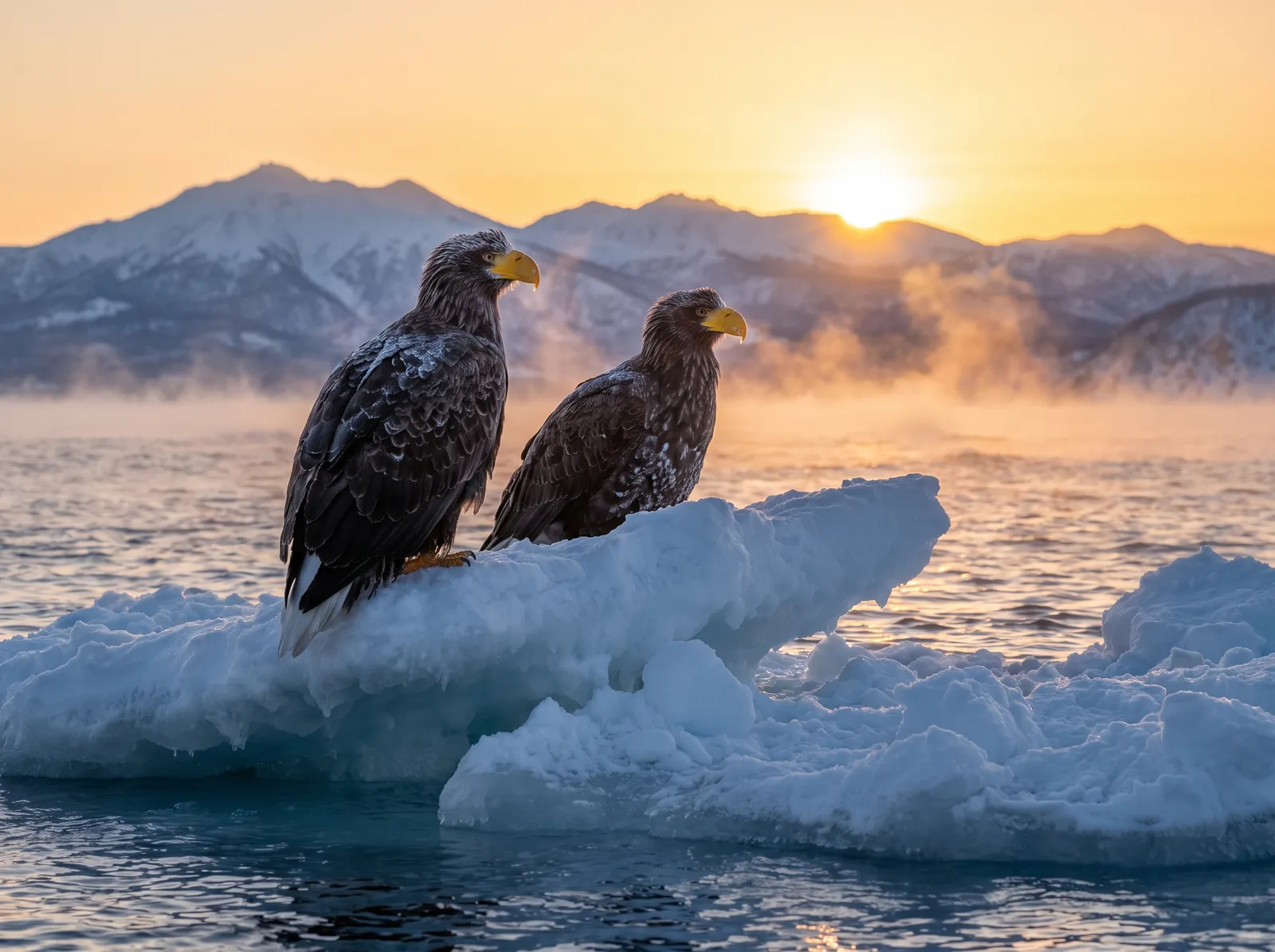 Steller's sea eagles perched on drift ice off the Shiretoko Peninsula at sunrise, snowy mountains behind, sea smoke rising, golden light on their massive beaks, wildlife photography