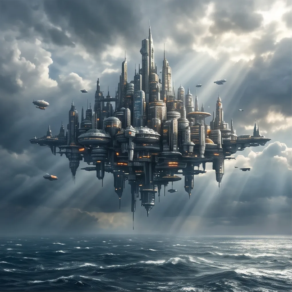 A floating city above the ocean, cinematic sci-fi concept art, volumetric light