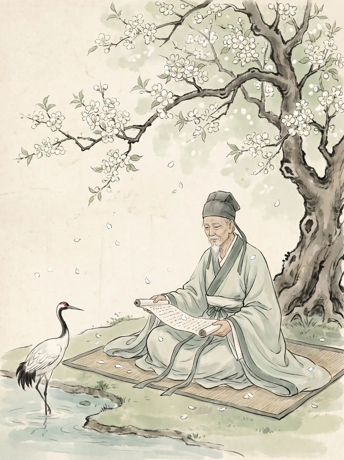 Guofeng illustration of a scholar reading beneath a pear tree in full white bloom, petals settling on his scroll, a crane standing in the pond beside him, soft ink wash and pale green