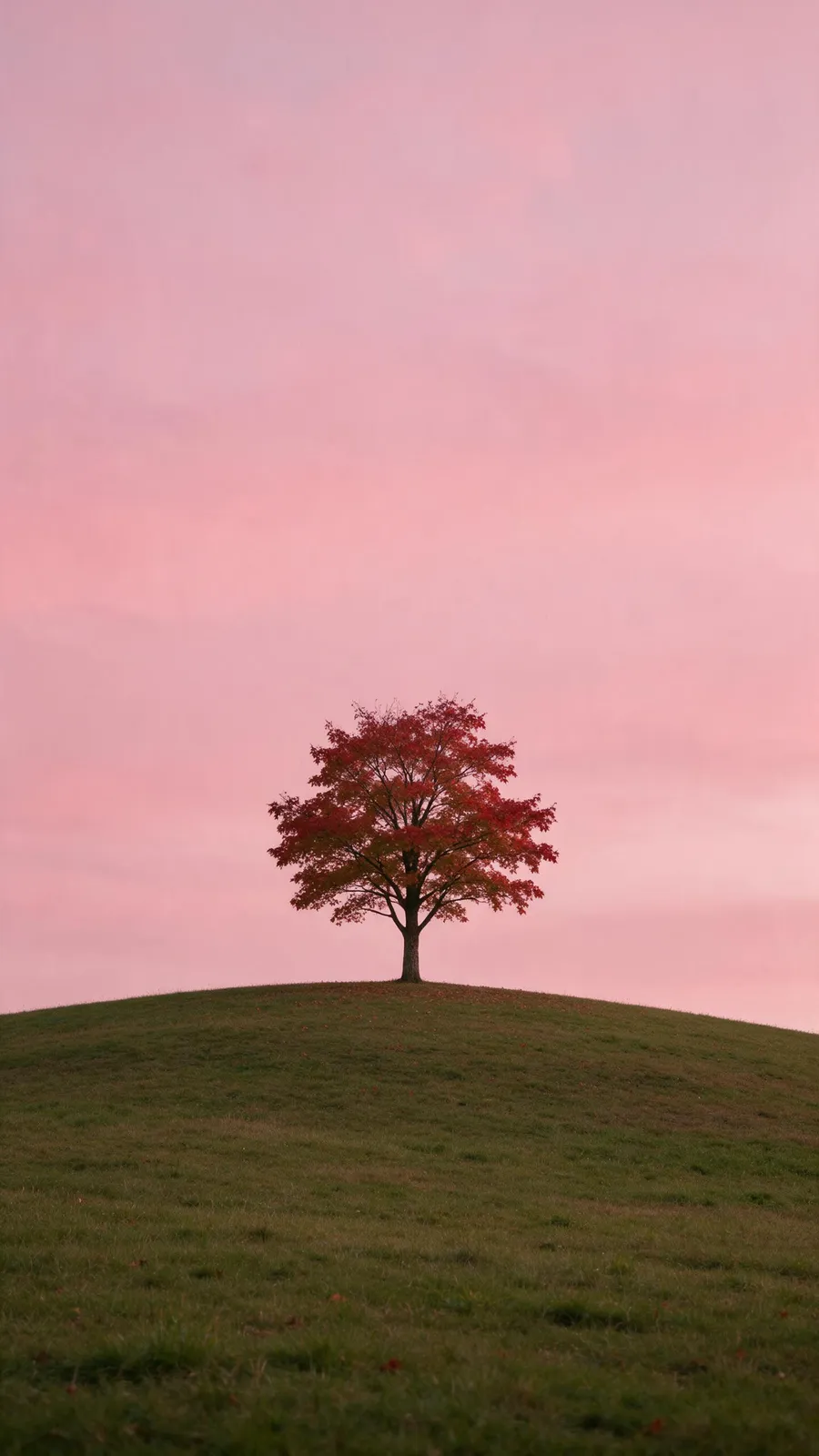 Phone wallpaper: a single maple tree on a hill with leaves turning red under a soft pink dusk sky, minimal and calm